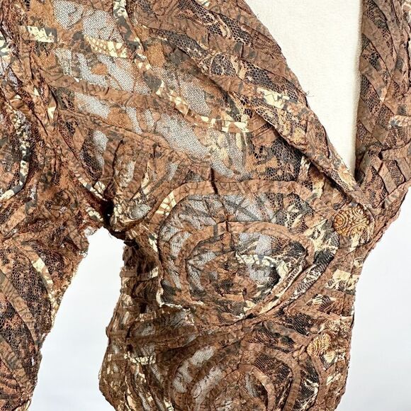 Parsley & Sage Brown Lace Jacket Artsy Swirl Burnout Art to Wear Boho Size S